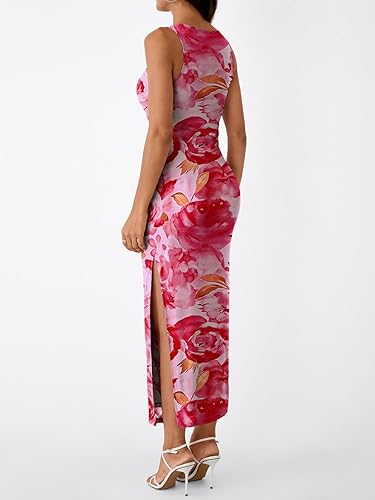 Trendy Queen Women’s Bodycon Maxi Dress Sleeveless Floral Ruched Side Slit Party Gown