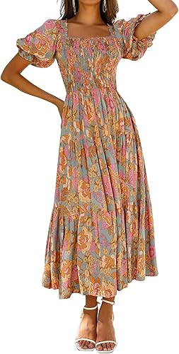 ZESICA 2025 Women’s Boho Floral Maxi Dress Square Neck Ruffle Swing Beachwear