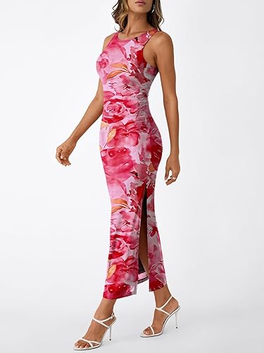 Trendy Queen Women’s Bodycon Maxi Dress Sleeveless Floral Ruched Side Slit Party Gown