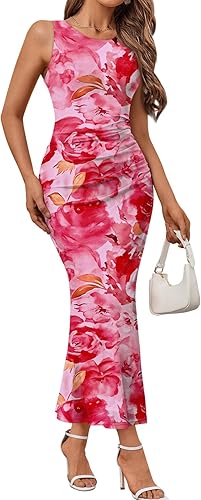 Trendy Queen Women’s Bodycon Maxi Dress Sleeveless Floral Ruched Side Slit Party Gown