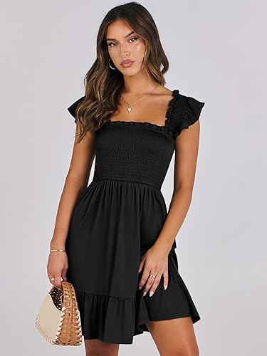 ANRABESS 2025 Women’s Square Neck Smocked Ruffle Backless Boho Short Sundress