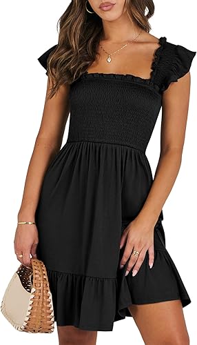 ANRABESS 2025 Women’s Square Neck Smocked Ruffle Backless Boho Short Sundress