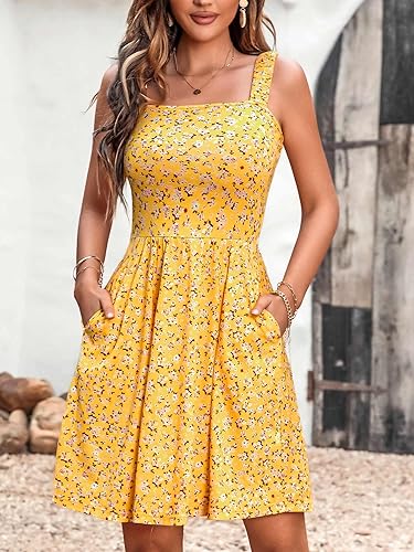 HUHOT Women’s Summer Square Neck Sleeveless A-Line Midi Sundress w/ Pocket