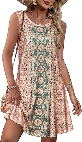 Women’s Boho Floral Summer Sundress Sleeveless Vintage Tank Dress w/ Pockets