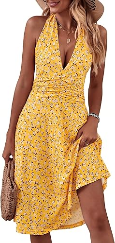 HUHOT 2025 Women’s Floral Halter Mini Sundress Sleeveless Ruffle w/ Pocket