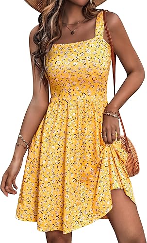 HUHOT Women’s Summer Square Neck Sleeveless A-Line Midi Sundress w/ Pocket