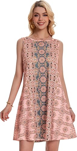Women’s Boho Floral Summer Sundress Sleeveless Vintage Tank Dress w/ Pockets