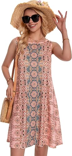 Women’s Boho Floral Summer Sundress Sleeveless Vintage Tank Dress w/ Pockets