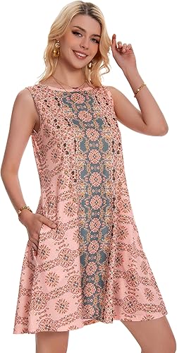 Women’s Boho Floral Summer Sundress Sleeveless Vintage Tank Dress w/ Pockets
