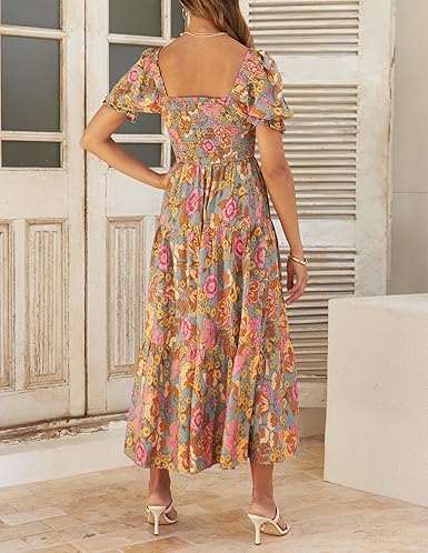 ZESICA 2025 Women’s Boho Floral Maxi Dress Square Neck Ruffle Swing Beachwear