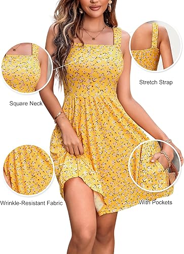 HUHOT Women’s Summer Square Neck Sleeveless A-Line Midi Sundress w/ Pocket