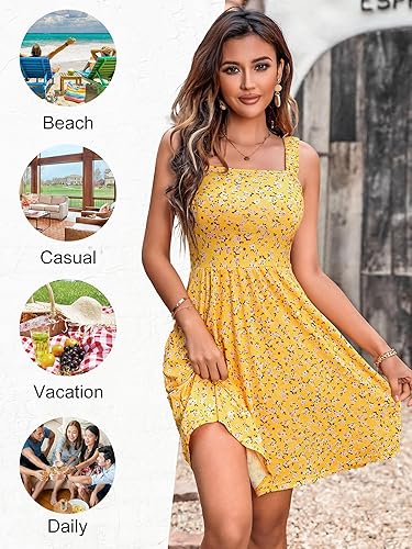 HUHOT Women’s Summer Square Neck Sleeveless A-Line Midi Sundress w/ Pocket