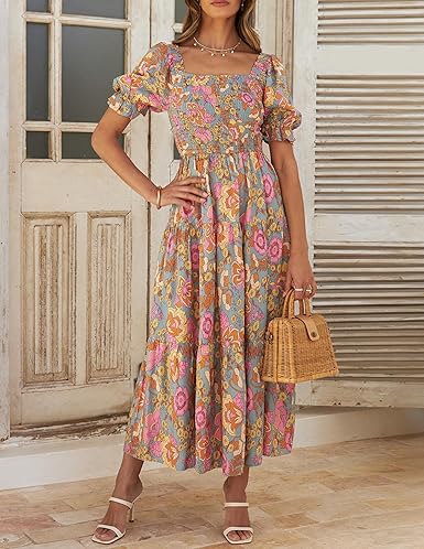 ZESICA 2025 Women’s Boho Floral Maxi Dress Square Neck Ruffle Swing Beachwear